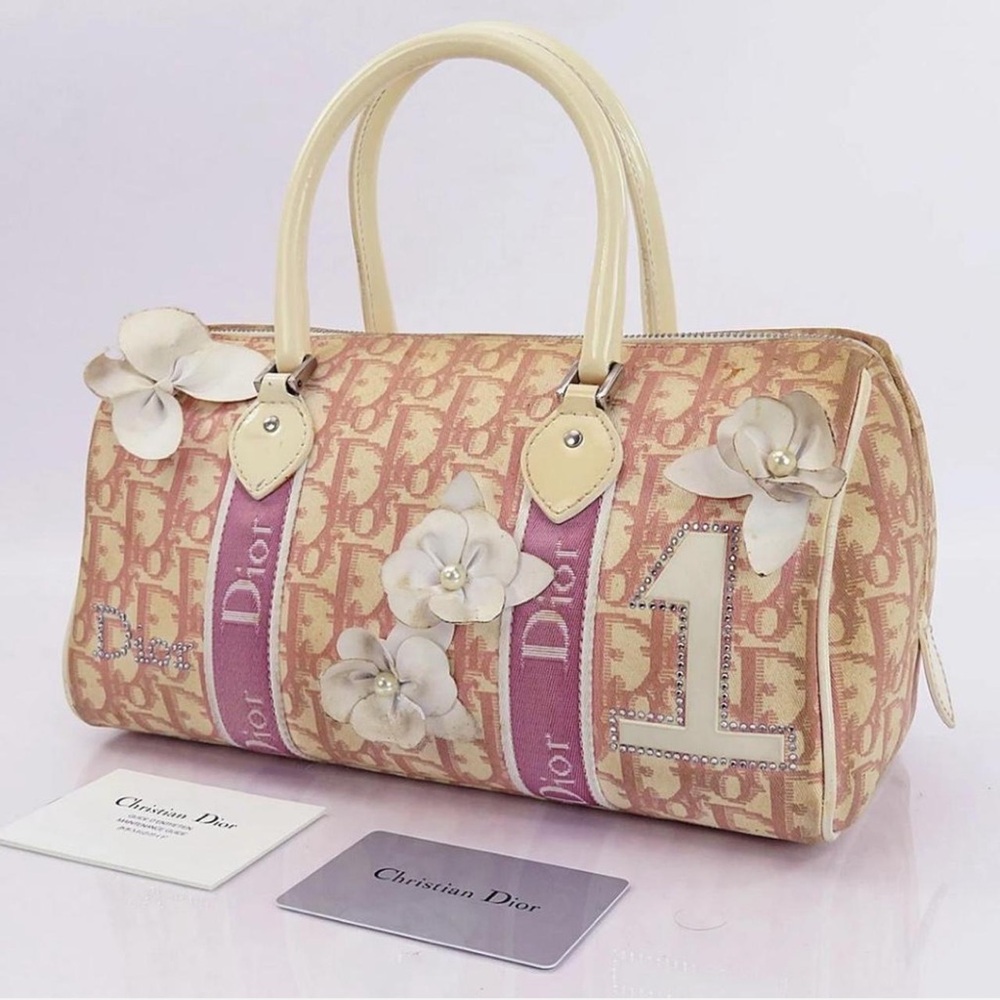 Christian Dior Pink Trotter Canvas and Leather Boston Bag Purse Authentic